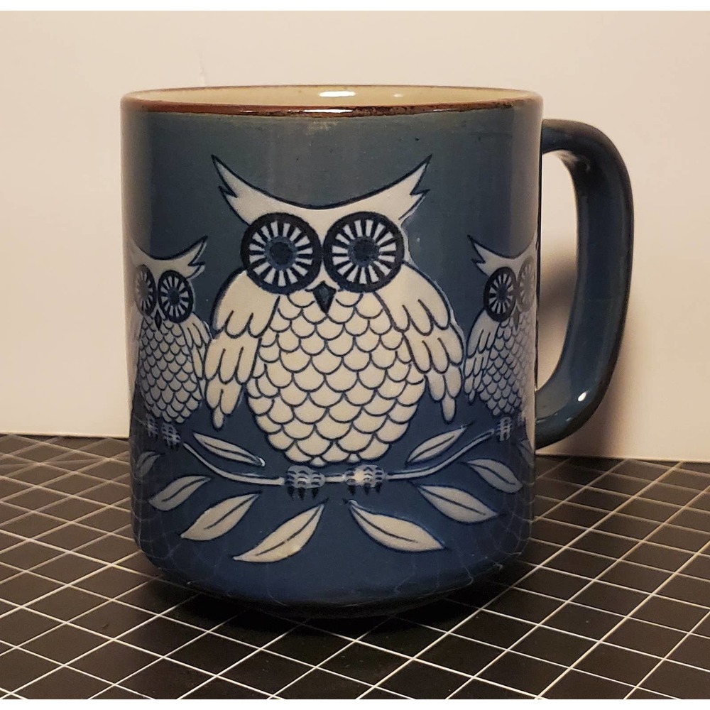 Vintage OTAGIRI Stoneware Mug w Original Label - 3 Owls on Branch Blue / White